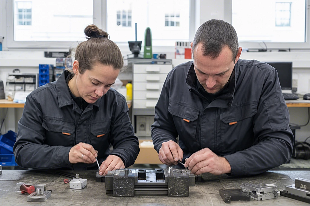 Eine Frau und ein Mann in gleicher Arbeitskleidung arbeiten nebeneinander an derselben Werkbank